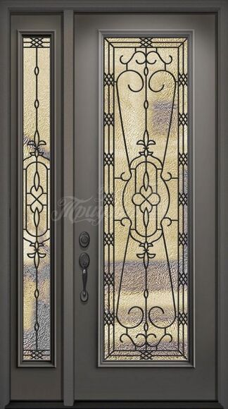 Двустворчатая дверь МДФ со стеклом и ковкой №495 для коттеджа